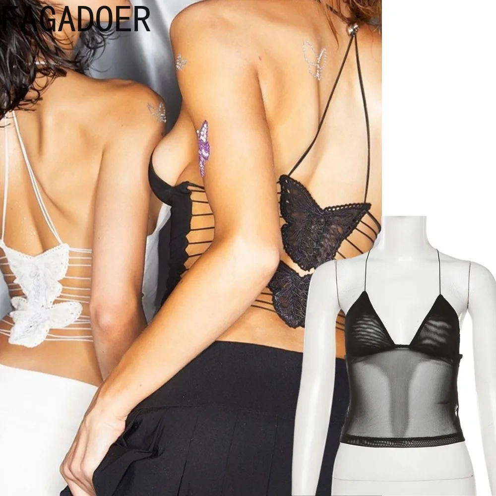 

FAGADOER Sexy Mesh Butterfly Patchwork Bodycon Straps Woman Solid Spaghetti Strap Sleeveless Backless Tanks Female Streetwear