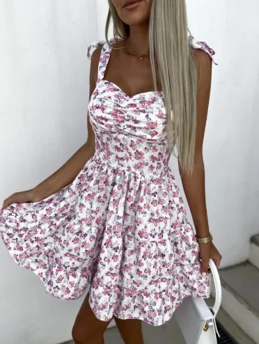 New Suspender Printed Waist Pleated Summer Short Bohemian Women\'s Floral Waist Tied Dress