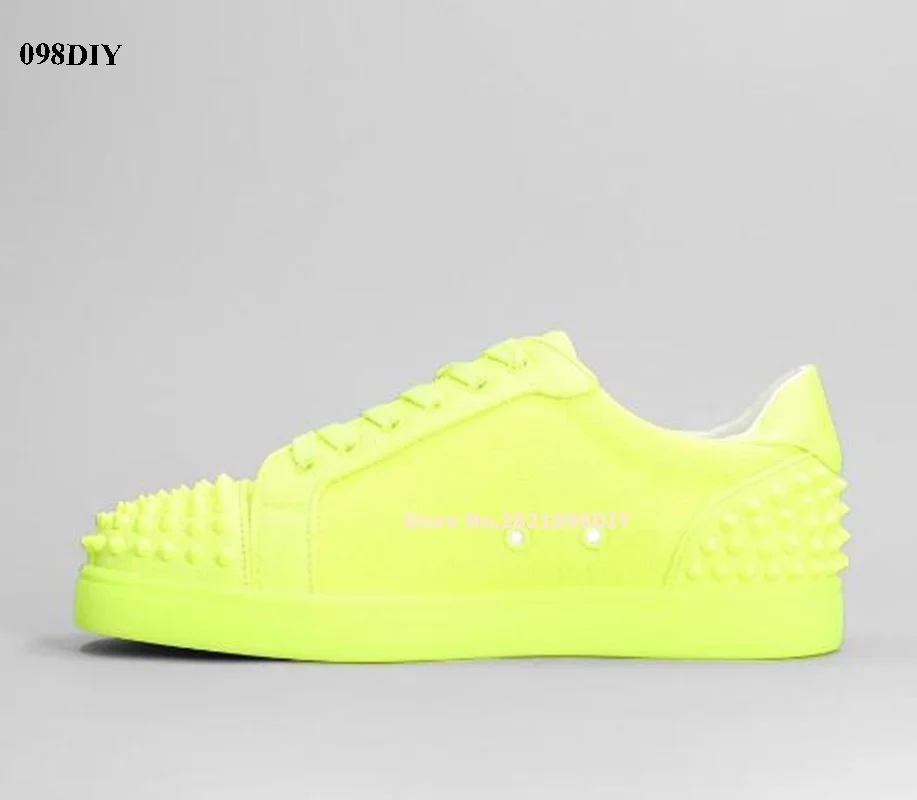 Fluorescein Yellow Leather Studs Toe Laces Up Men and Women Sneakers Unisex Daily Casual Shoes Men Flats Plus Size 35-47