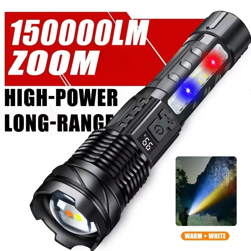 Powerful White Laser LED Flashlight Waterproof 18650 Torch With Side Light 7 Modes Camping Fishing Lantern USB Rechargeable Zoom