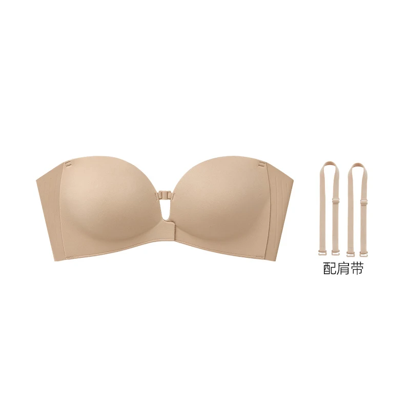 Trägerlose BHs mit Vorderverschluss für Damen, nahtloser Push-Up-BH, dicke, weiche Unterwäsche, einfarbig, verstellbare, unsichtbare Dessous