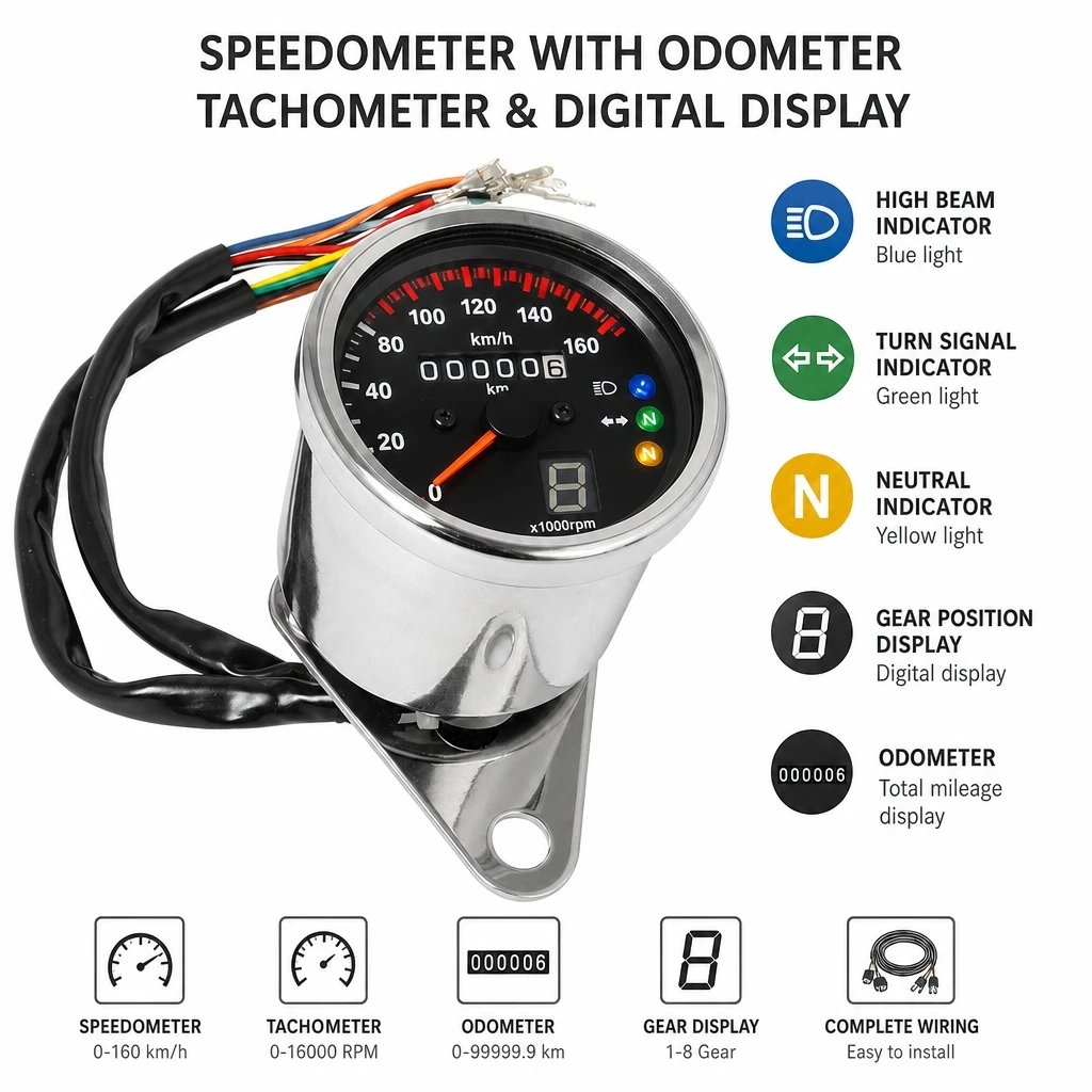 12V Motorcycle Speedometer 0-160km/h with Gear Indicator Backlight Odometer For Harley Iron Horse Dadi Eagle Retro Cruiser Modif