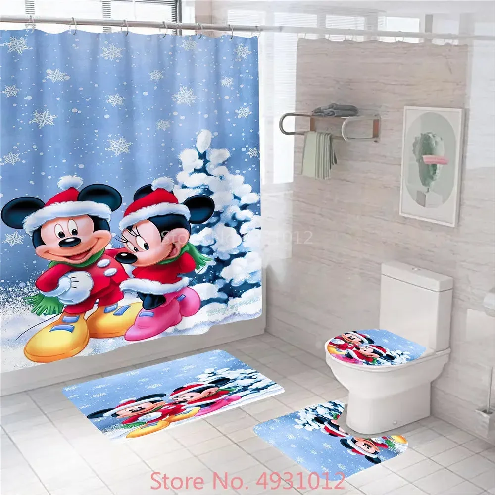 Anime Mickey Minnie Mouse Bathroom Non-slip Mat Set Waterproof Funny Kids Shower Curtain Pedestal Toilet Cover Bath Rug