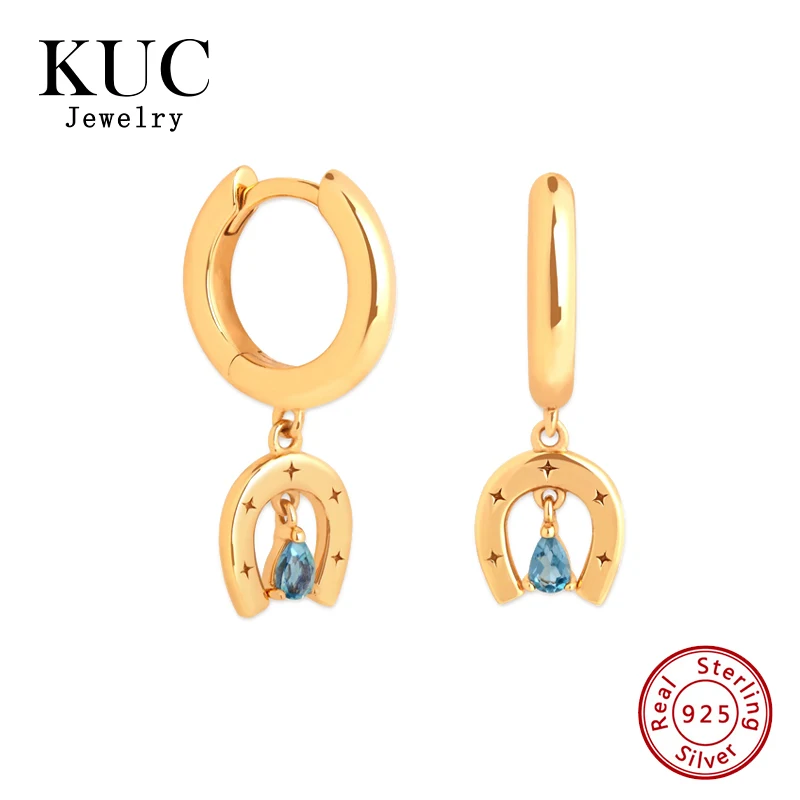 Pendientes de Aro Colgantes de Plata de Ley 925 con Circonita, Chapados en Oro de 18k, con Diseño de Herradura Amuleto de la Suerte, Joyería Fina de Moda