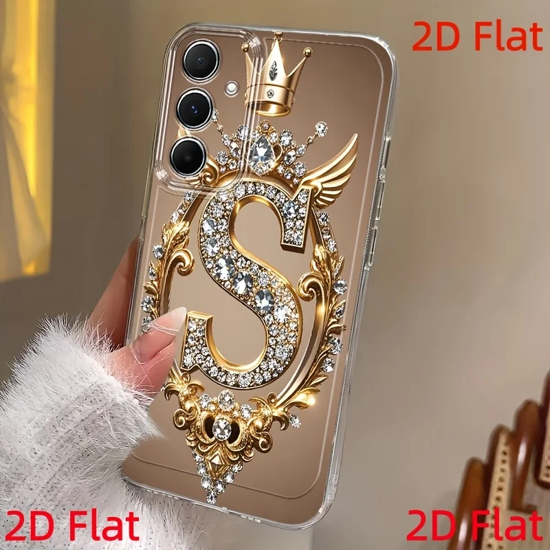 2D Flat Gold Diamond studded S Crown Pattern Phone Case Suitable for Samsung Galaxy S26 S25 S24 S23 S22 S21 S20 FE/Ultra/Plus