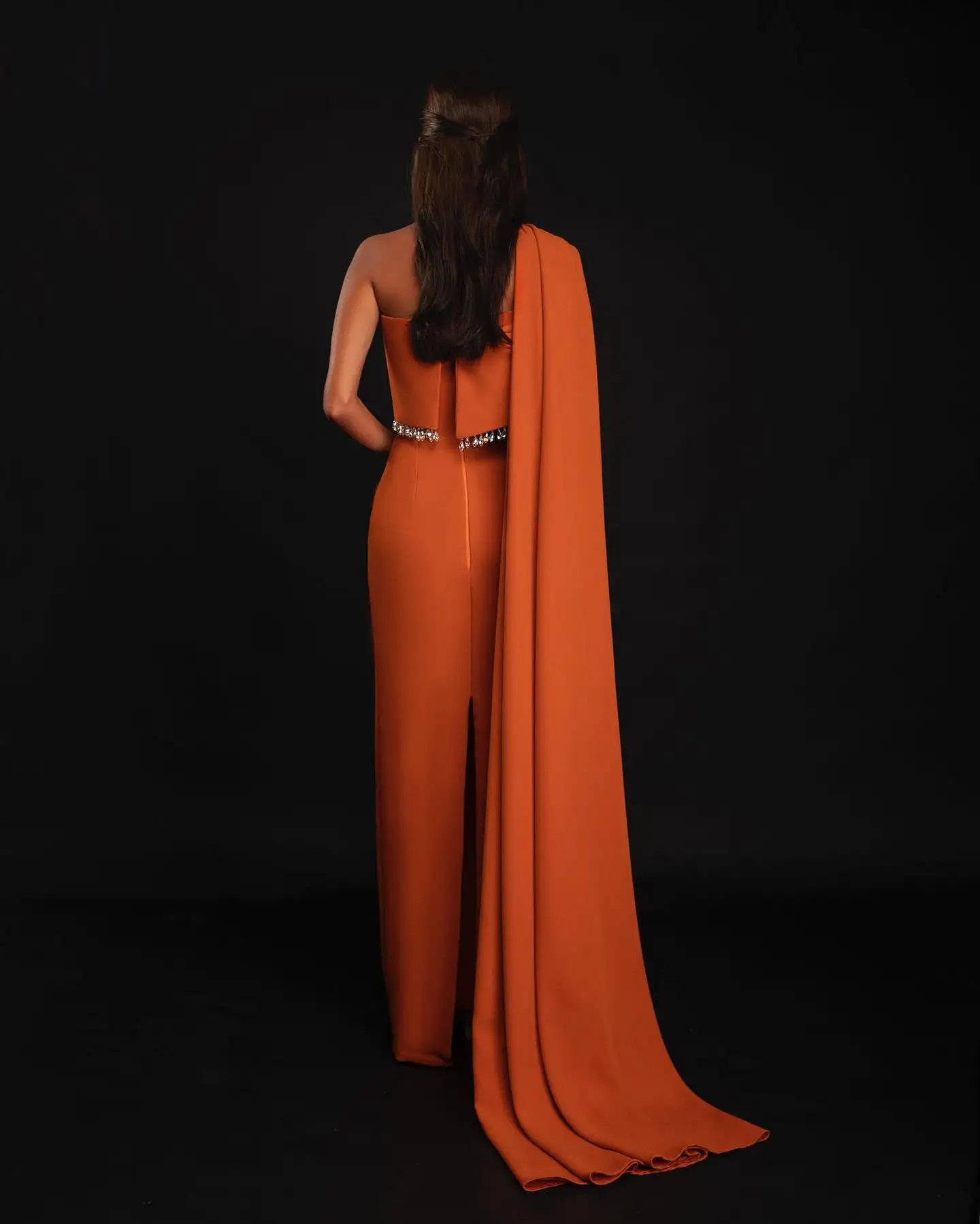 Customized Graceful Off the Shoulder Short Sleeves Watteau Train Crystal Evening Dress Exquisite Back Slit Vestido De Festa