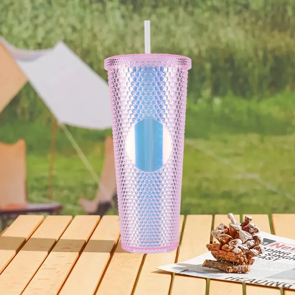 710ml Plastic Straw Cup Drinking Cup Double-Walled Rhinestone Rivet Cup with Lid Water Tumbler Large Capacity for Sports