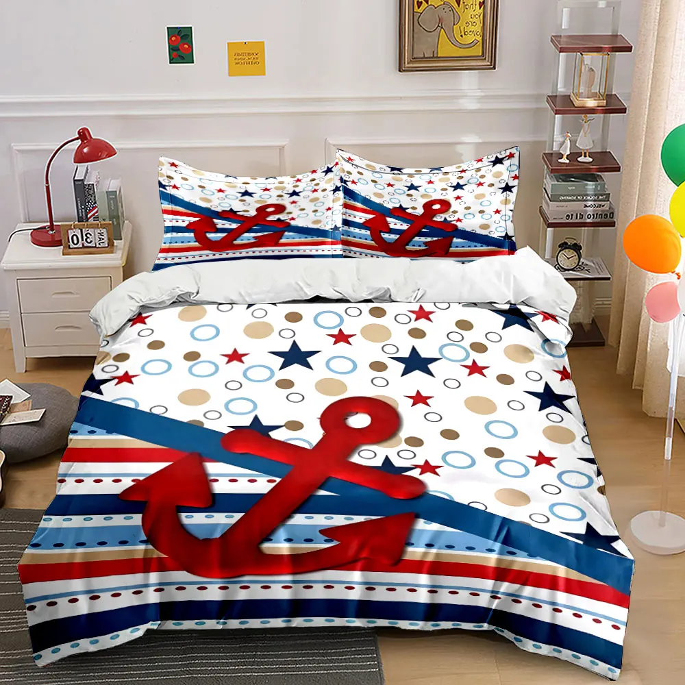 3Pcs Nautical Anchor Striped Duvet Cover Set, Red White Blue Marine Bedding Single Double King Queen, Gift