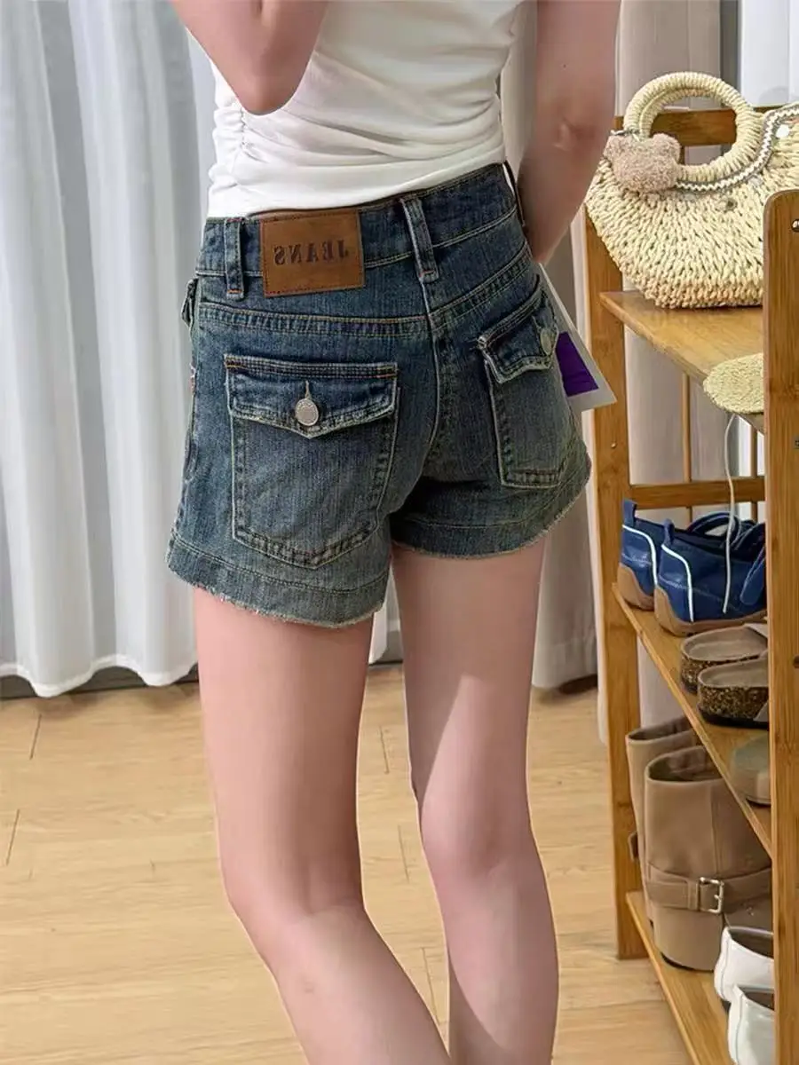 

Low Waist Denim Shorts Women's Summer Slimming Utility Wide Leg Hot Pants Trendy Retro American Girl Style Short Jeans