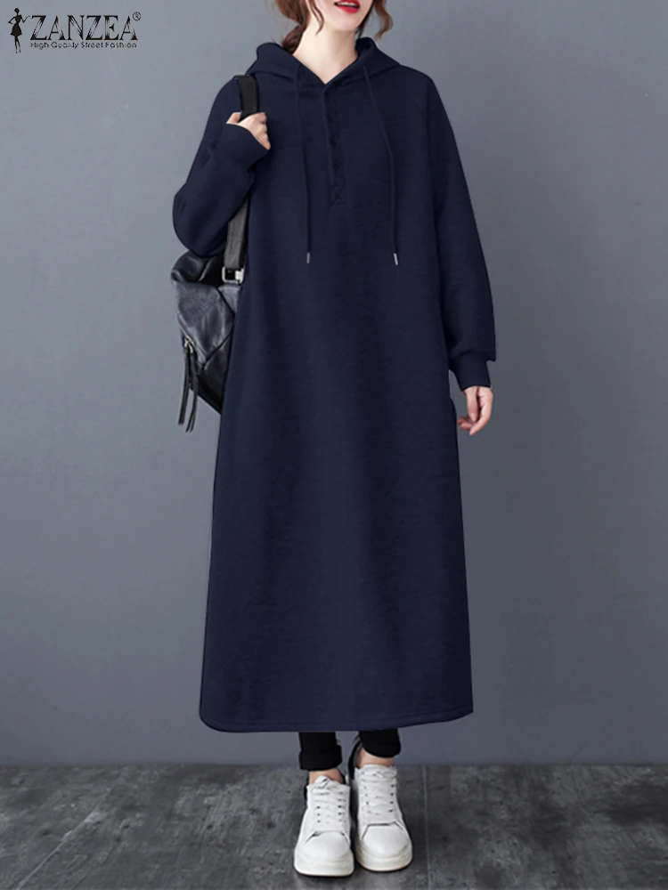 ZANZEA Korean Style Loose Casual Hoodies Dress Long Sleeve Women Hooded Solid Color Long Vestidos Autumn 2024 Sweatshirt Dress