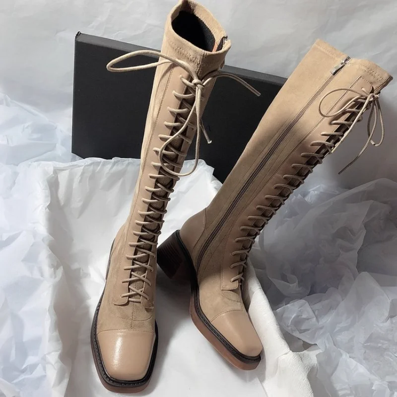5.5CM Coarse Following Women Boots Leather splicing fashion Winter Shoes Cross tied Side zipper Knee-High Boots Motorcycle Boots