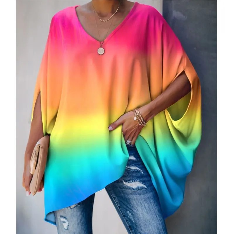 Autumn New Women's Sexy V-neck Fashionable Tie Dye Print Pullover Batball Sleeve Short Sleeved Casual Loose T-shirt For Women