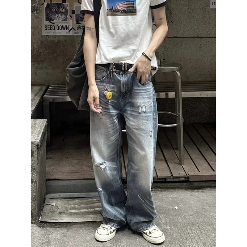

ZHIZOU Summer Women Blue Baggy Jeans Ripped Denim Pants Y2K Japanese Harajuku 2000s High Street Chic Goblin Core American Retro