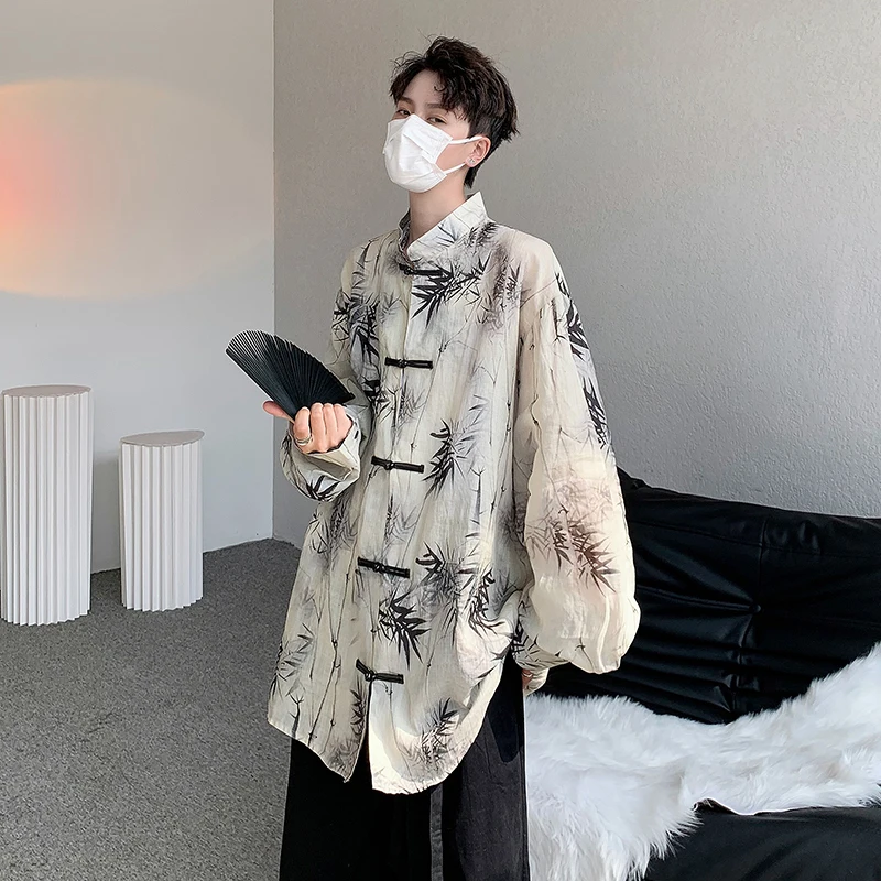 

New Chinese Sle Long Sve Ice Silk Men's irt with Button Stand Collar Summer Thin Tang Costume Feel High End Gown irt