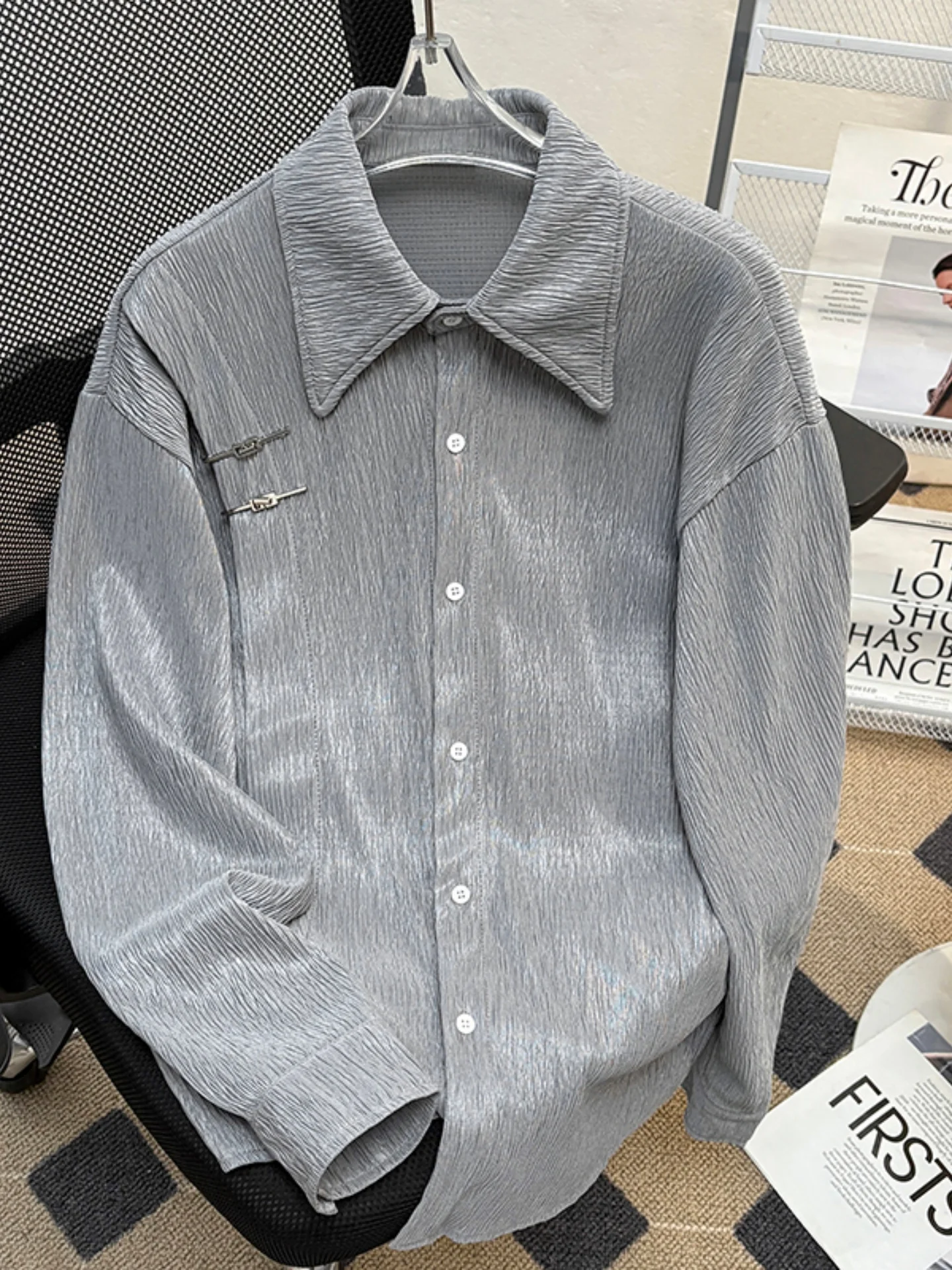 Fall Fashion Red Wine Color Texture Long Sleeve Men's Shirt Loose Metal Buckle New Chinese Style High Quality Casual Shirt