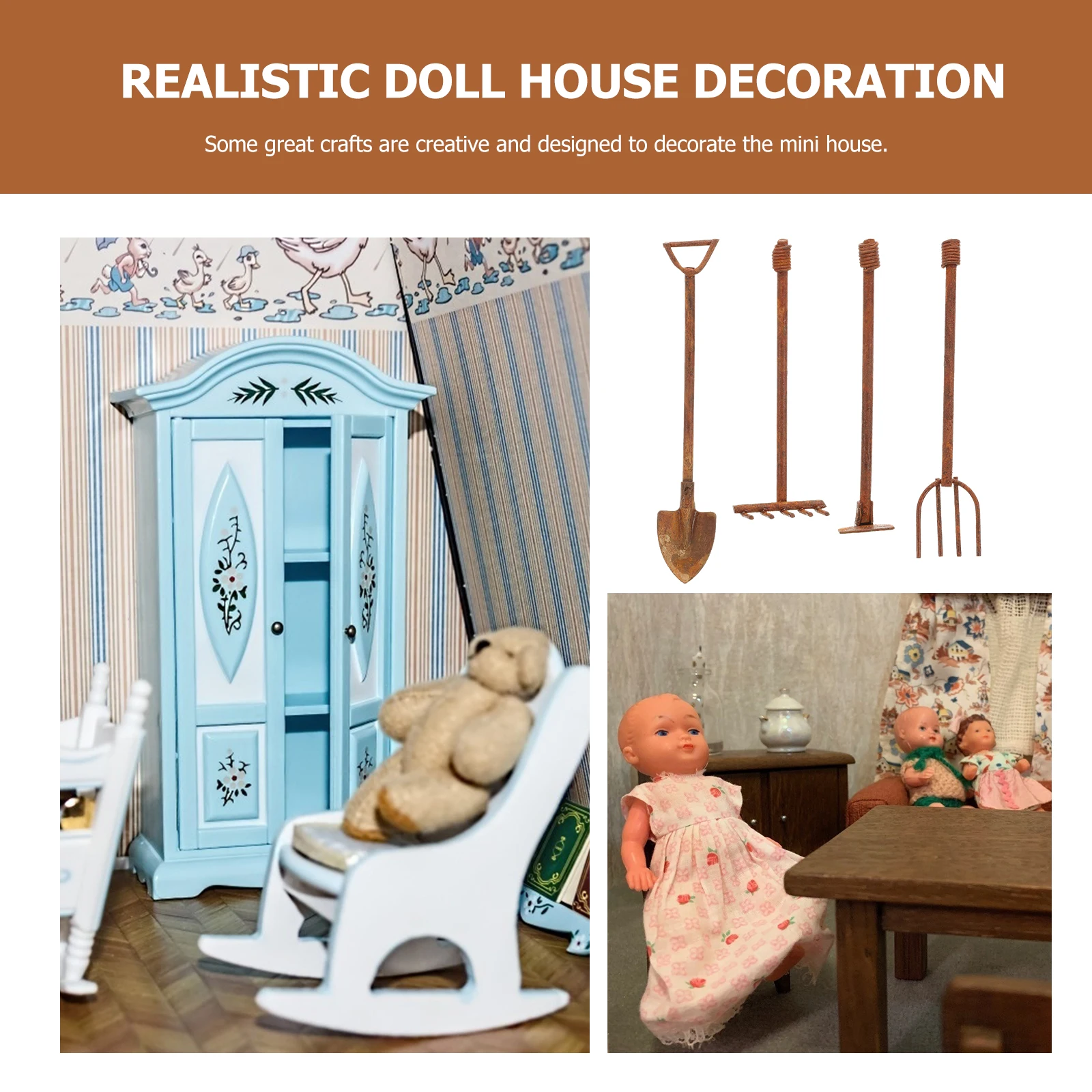 

1 set Premium Mini Gardening Tools Brown Durable Decorative Supplies For Mini Scene Photography Props Desktop Ornament Miniature