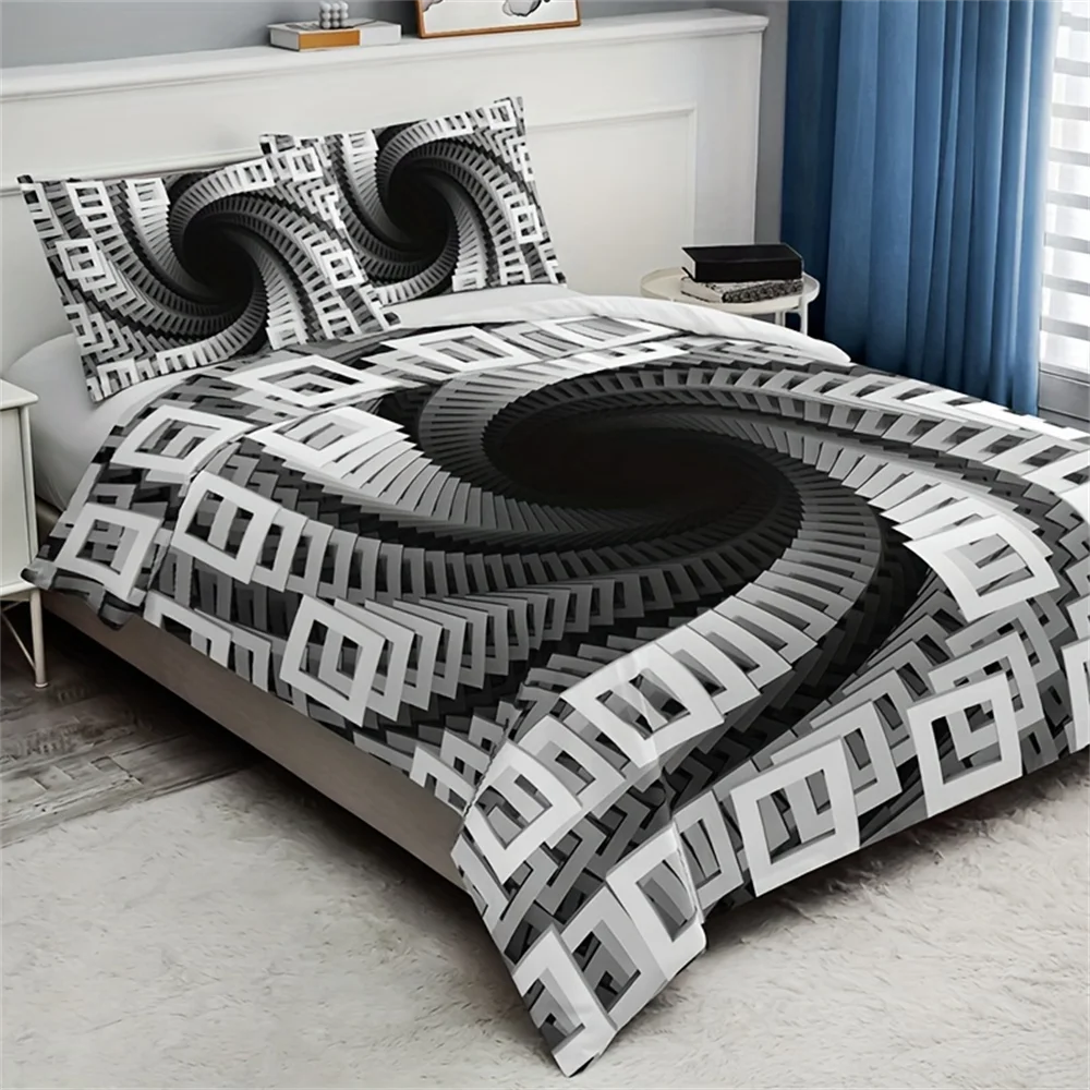 3pcs 3D Square Swirl Duvet Cover Set (1 Duvet Cover + 2 Pillowcase Without Pillow Insert), Soft And Breathable Printing Bedding