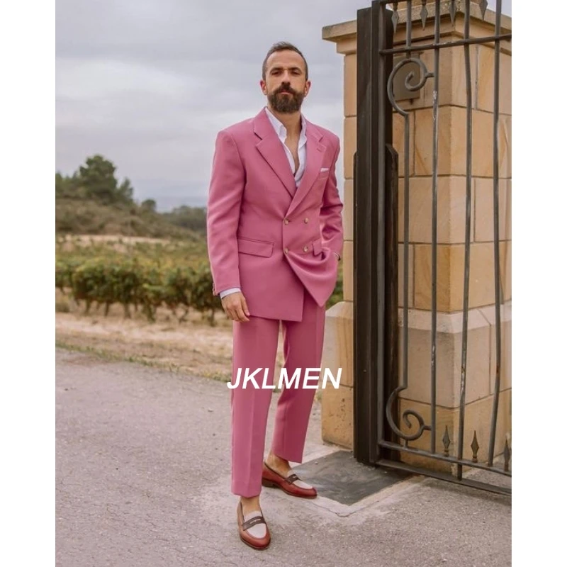 New Designed Pink Blazer Pant Set Fashion Men Suits Double Breasted Formal Costume Homme Italy Style Groom Wedding Tuxedos