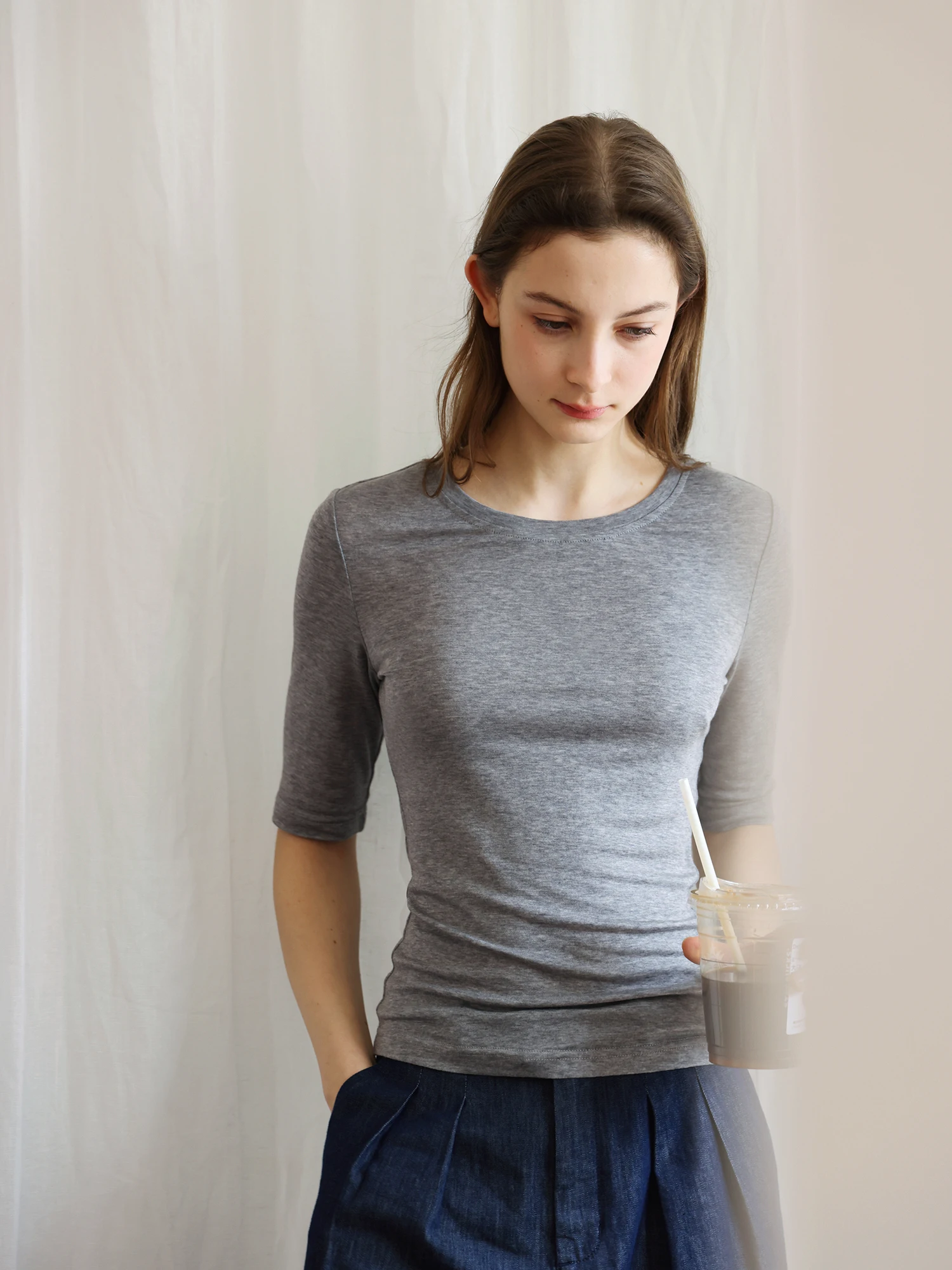 Slim Fit round Neck Basic Style Summer New Wool Lyocell Thin Short Sleeve T-Shirt Women's Casual Wear Transparent Inner Shirt