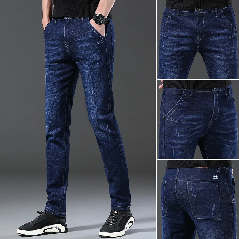 Mode Europäischen Amerikanischen Stil Stretch Männer Jeans Luxus männer Denim Hosen Dünne Gerade Tiefe Blau Gentleman Größe 28-38 Slacks