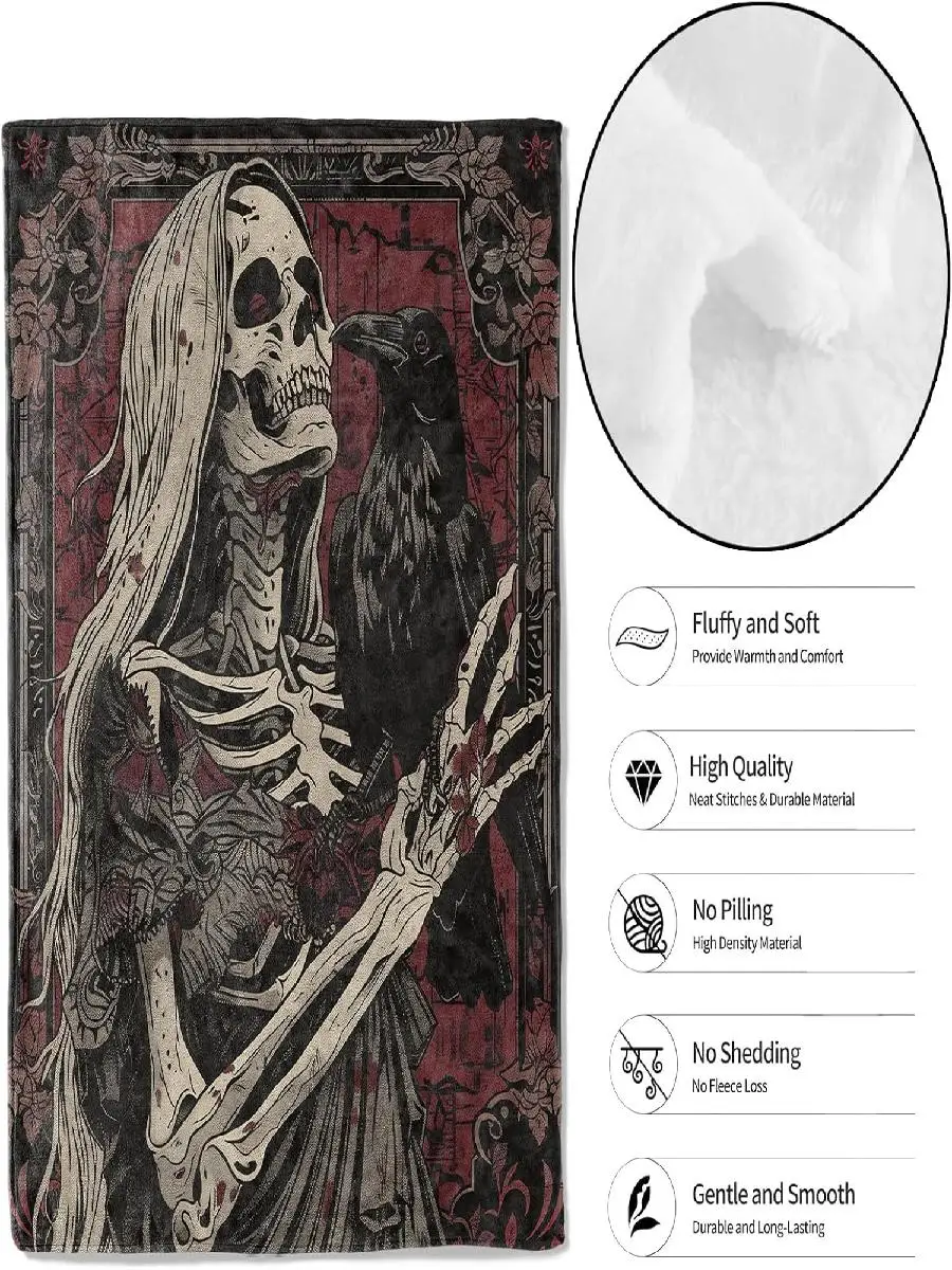 MIEPOS Gothic Skull Throw Blanket Soft Lightweight Flannel Skeleton  Raven Vintage Dark Design Perfect for Couch Office Travel H
