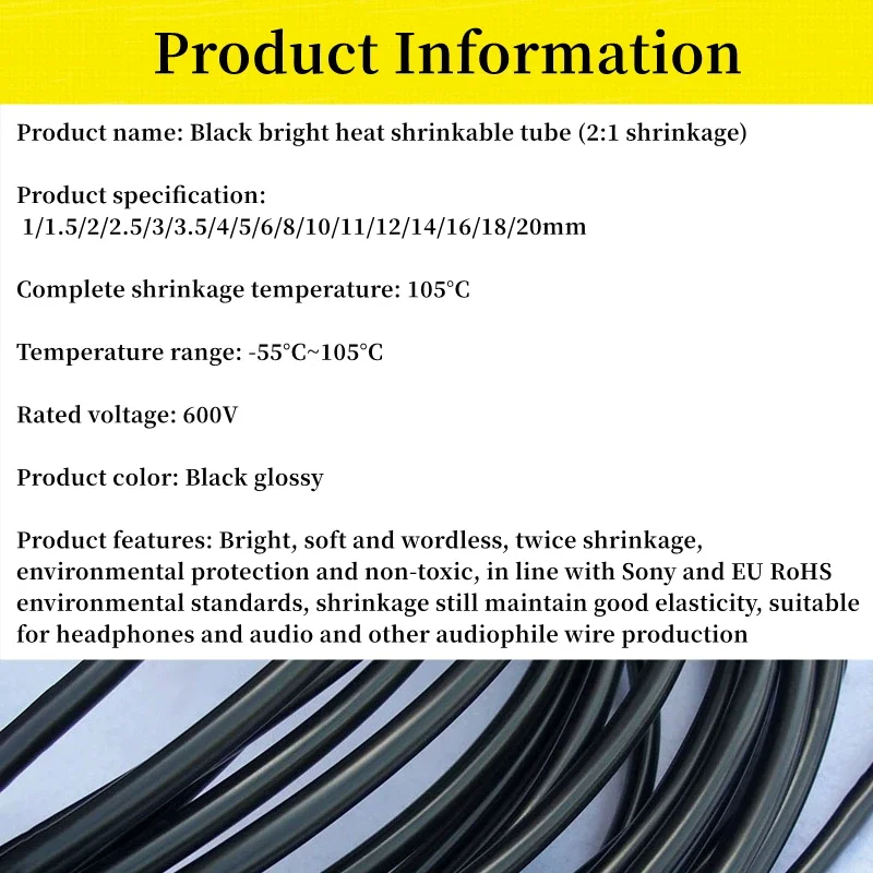 1 Meter Black Gloss No Glue Heat Shrink Tubing 2:1 Ratio Waterproof Wire Wrap Insulated Lined Cable Sleeve Diameter φ1-φ20mm