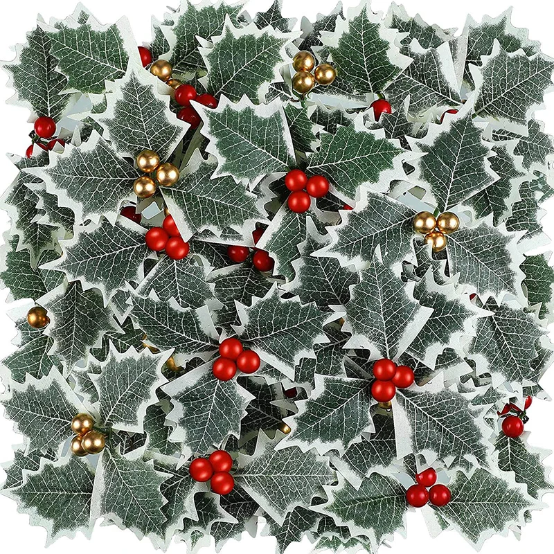 20pcs Christmas Holly Berry Triangle green leaves Artificial Plants Gold Red Berries Holly DIY Xmas Tree Wreath Ornament