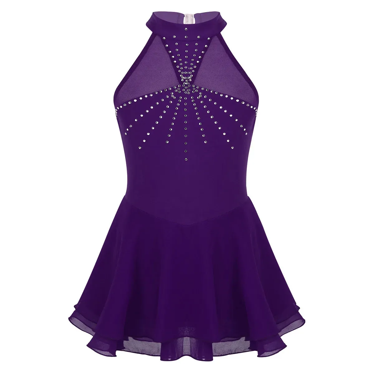 Kids Girls Sleeveless Shiny Rhinestones Mesh Splice Gymnastics Leotard Figure Skating Ballet Dress Performance Dancewear