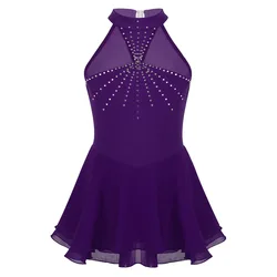 Kids Girls Sleeveless Shiny Rhinestones Mesh Splice Gymnastics Leotard Figure Skating Ballet Dress Performance Dancewear