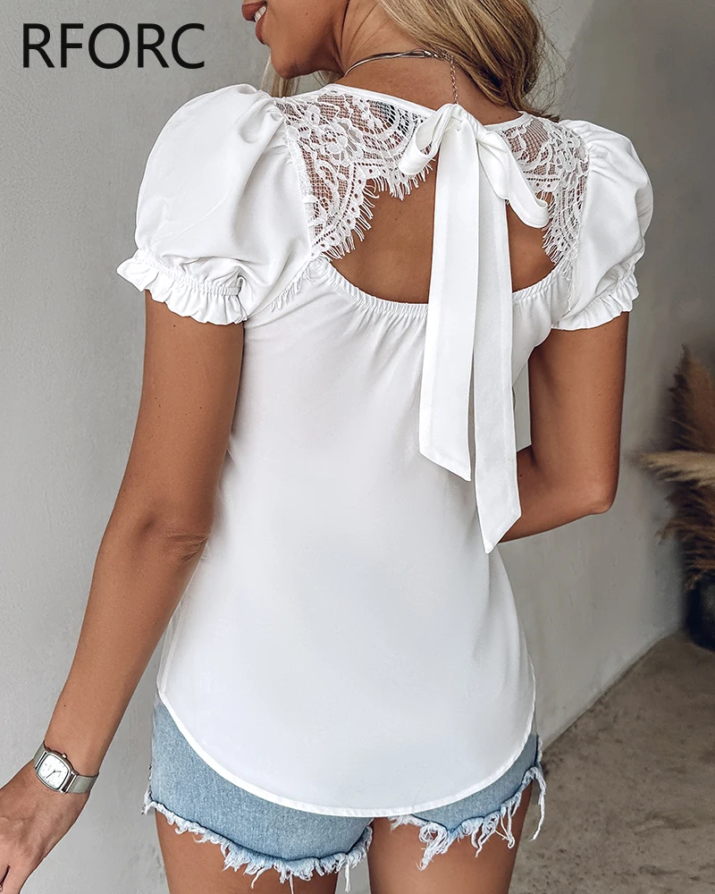 2024 Women Short Sleeves Lace Patchwork Lace Up Summer Basic White Blouse Top