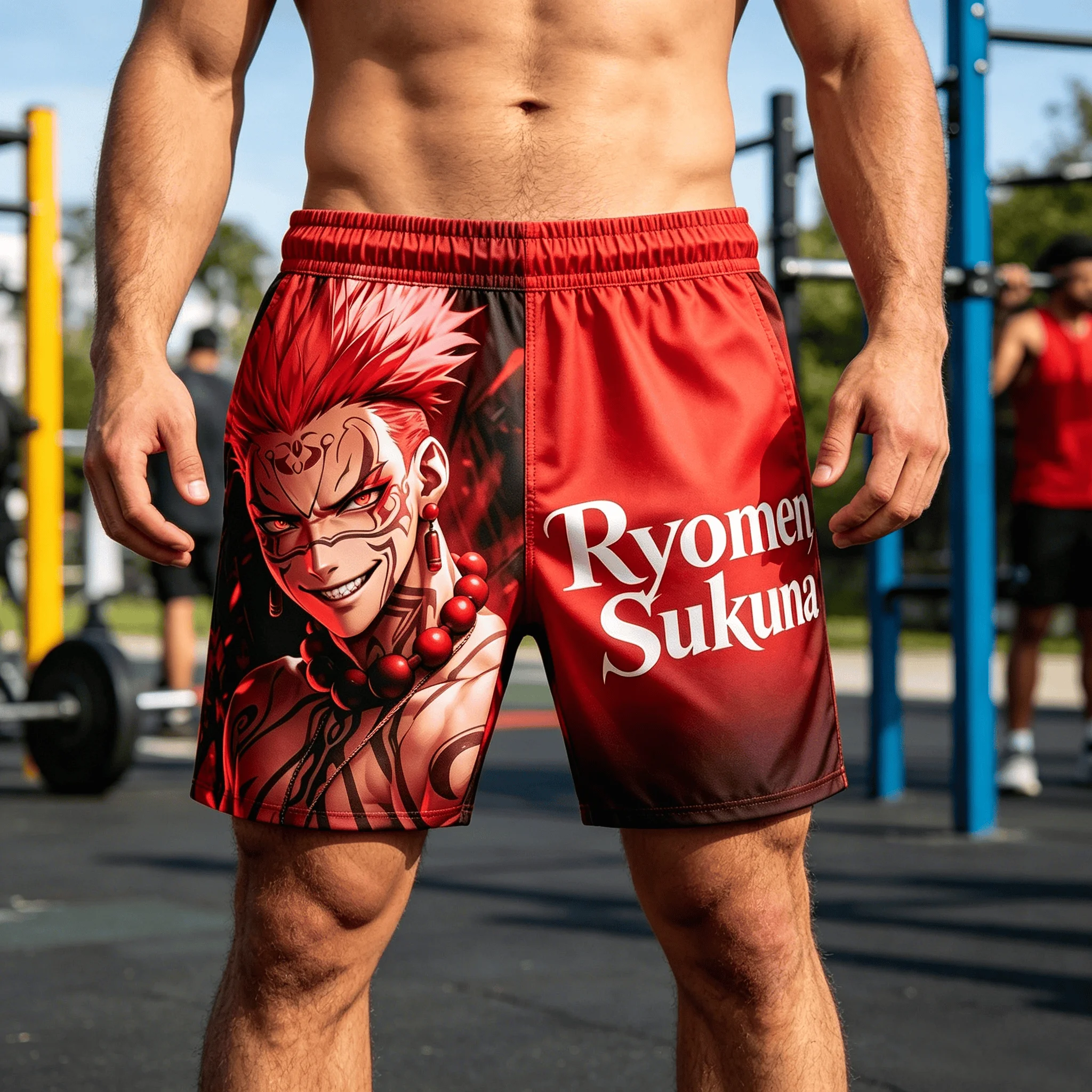 Anime Jujutsu Kaisen Ryomen Sukuna Print Men's Shorts, Black Red Gradient Quick Dry , Summer Sports Running Board Shorts