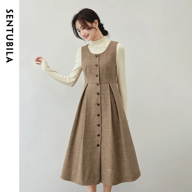 SENTUBILA Elegant Winter Sleeveless Tweed Dresses Women 2024 Crew Neck Button Down Front Fitted Midi Dress Woman 144L56900