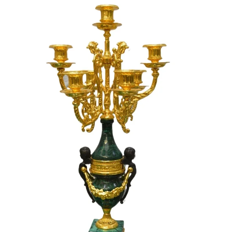 Pure copper gold-plated malachite art candle holder