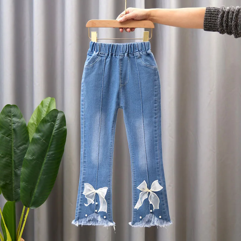 2024 New Autumn Elastic Kids Jeans Girls Cute Leisure Bow Denim Blue Children Flared Pants teenage Girl Clothes Trousers 3-12Y