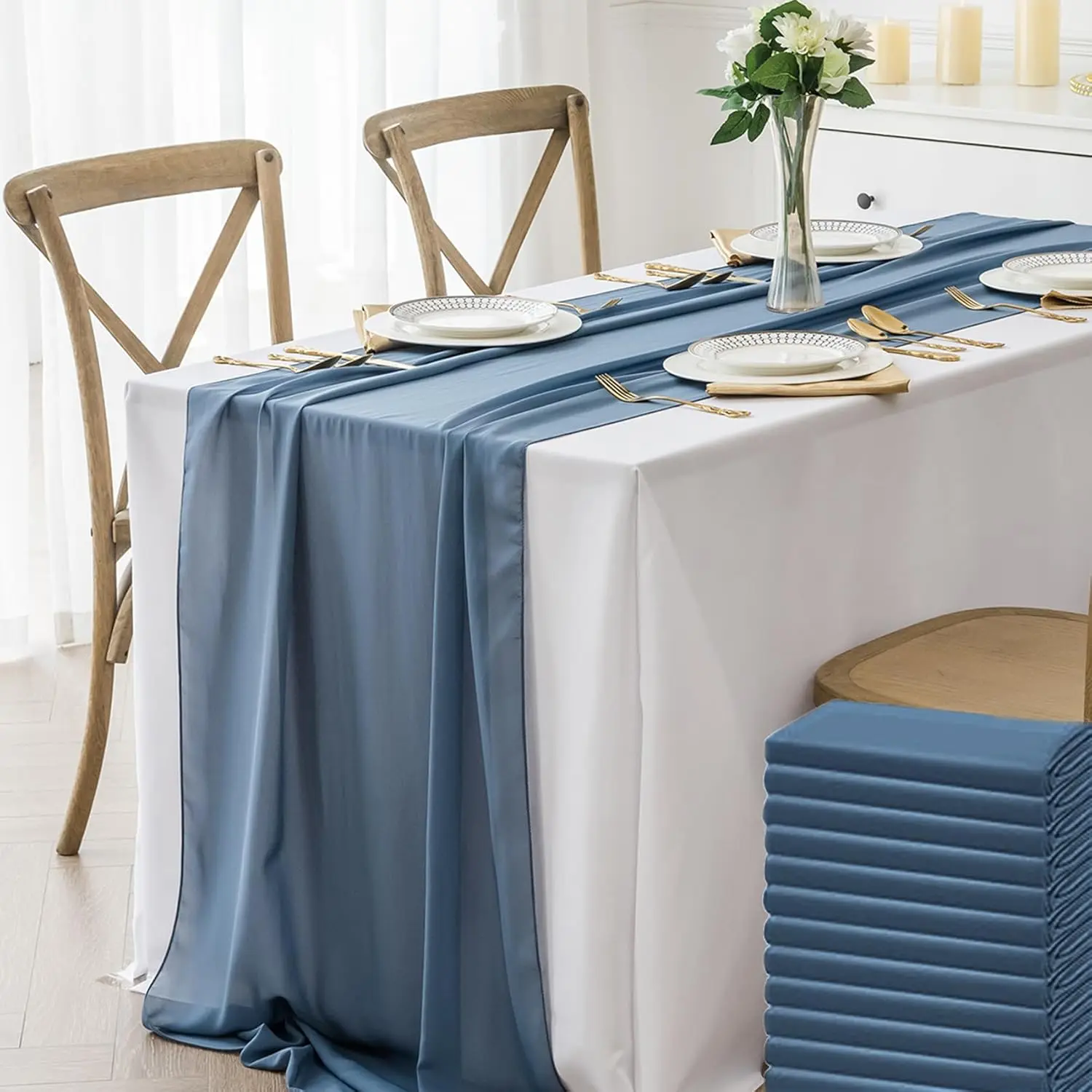 

12 Pcs Chiffon Table Runner 14x108 Inch Long 9ft Sheer Table Runners for Party Romantic Wedding Bridal Shower Fall Decorations
