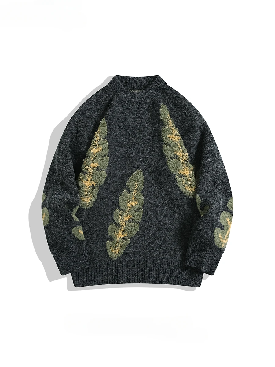 

Autumn Winter Japanese Leaf Jacquard O-neck Long-sleeved Sweaters Men Women Harajuku Style Casual Thick Warm Versatile Knitwear