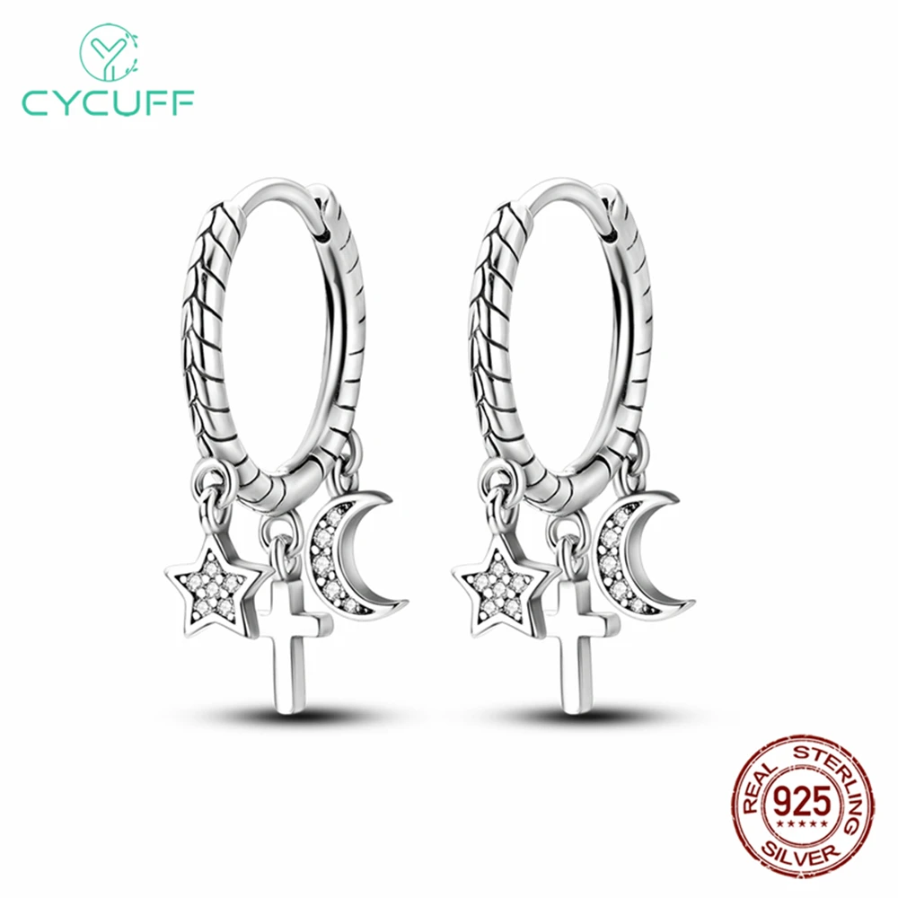

CYCUFF 925 Sterling Silver Drop Earrings Stars Moon Crucifix Earrings For Women Engagement Wedding Party Silver Jewelry