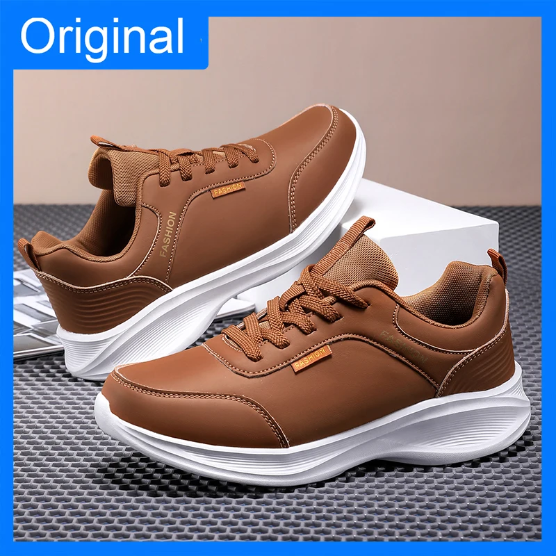 

Мужские кроссовки с толстой подошвой, амортизирующие, противоскользящие, износостойкие, повседневные, модные, кожаные, дышащие, на шнуровке, для активного отдыха, бега и фитнеса