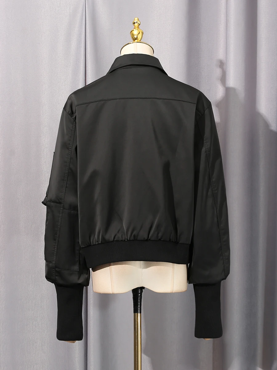 VGH High End Patchwork Metal Buckle Jackets for Women Lapel Long Sleeve Solid Fashionable Spliced Pocket Coat Female Autumn New