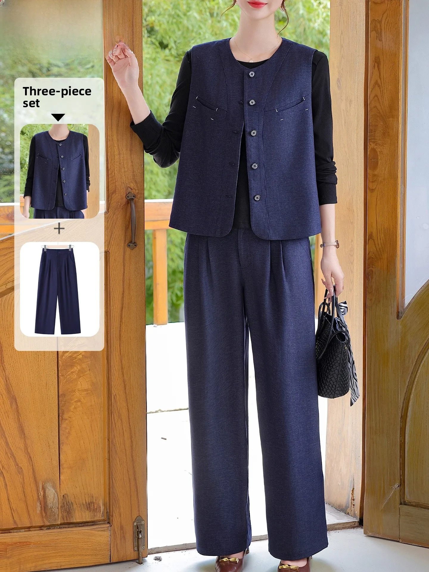 

Faionable Autumn Outfit Set for Young Mothers Middle Aged Women Ele Loose Sle Long Pants Button Closure round Ne Top