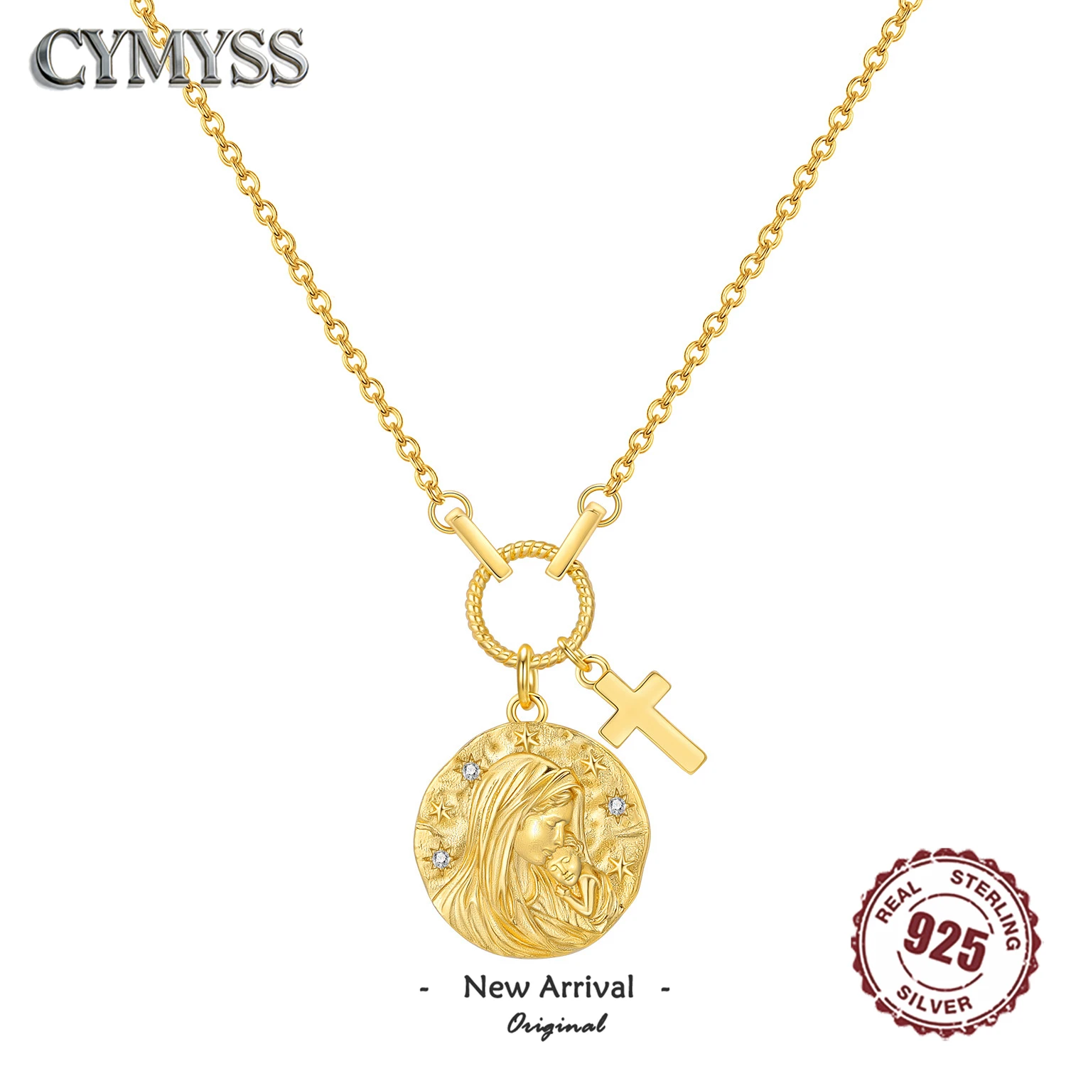 Original 925 Sterling Silver 18K Gold Plated Virgin Mary & Cross Y-shaped Necklace Commemorative Fine Jewelry Gifts for Women