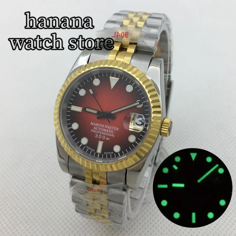 

36mm 39mm NH35 Automatic Watch For Men Luxury Gold Silver Fluted Curved Bezel Gradient Red Dial Sapphire Glass Waterproof Watchs