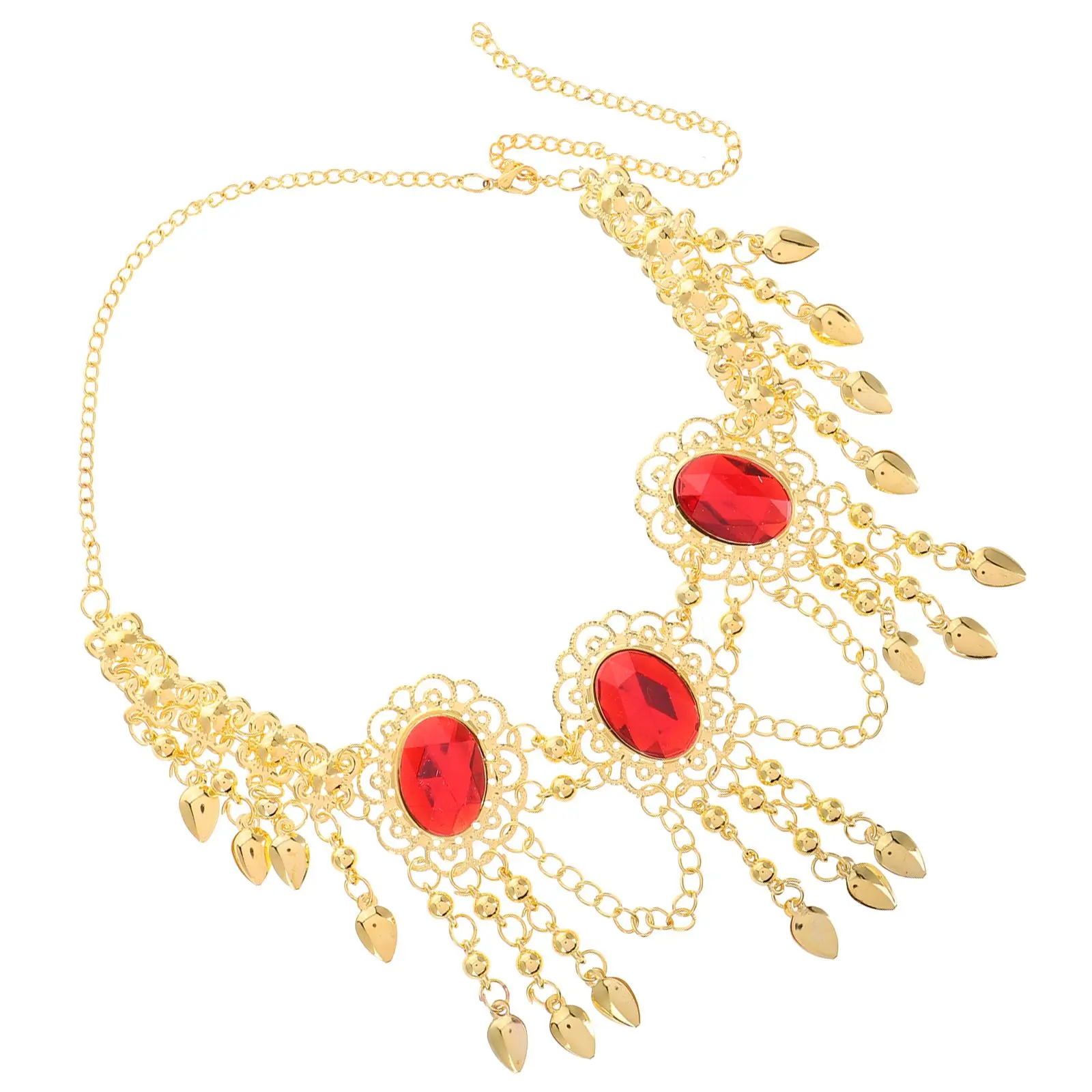 

Indian Dance Headpiece Belly Dancing Necklace Chain Women Alloy Stage Performance Jewelry Red Gemstone Headdress Accessories