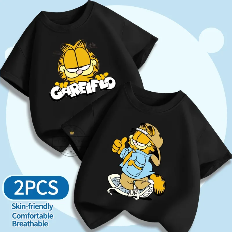 2025 New T-shirt Garfield Cartoon Anime Children's Leisure Fashion Sports T-shirt Two Piece Set 3-14 Boys and Girls