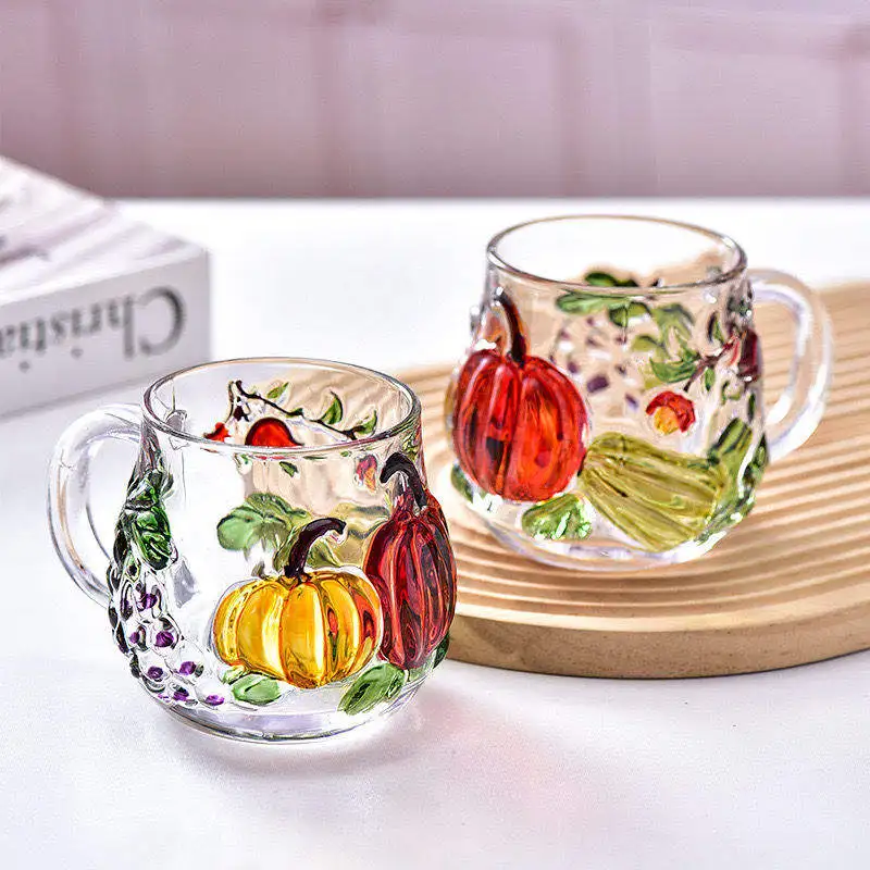 

High Aesthetic Lead-Free Crystal Glass Mug Set of 2, 3D Painted Pumpkin Design, Heat Resistant Coffee Cup，Office Home Milk Cup