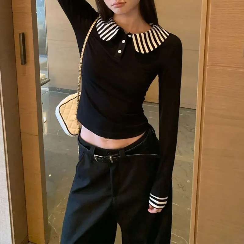 

Поддельные полосатые тонкие пуловеры из двух предметов, женская одежда, кукольный воротник, осень-зима, лоскутные модные корейские футболки с длинными рукавами