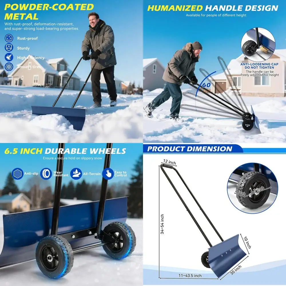

30-Inch Wide Snow Pusher with Segmented Handle for Efficient Clearing on Driveways, Sidewalks, and Doorways (Blue)