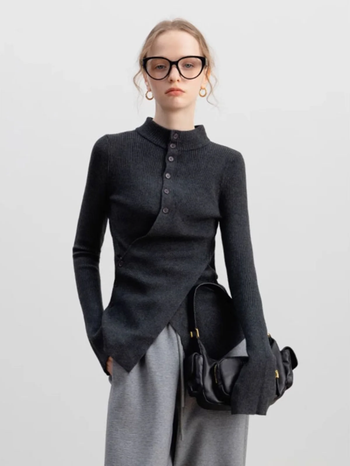 

Women's Half High Collar Faux Fur Inner Wear Knitted Sweater Base Layer Irregular Outerwear Design Warm Top