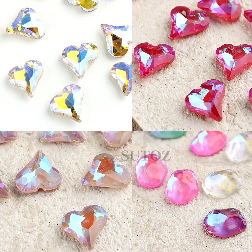 LEBBAI-abalorios para uñas, 10 piezas, corazón Aurora, pedrería plana, piedra de cristal iridiscente, joyería transparente, decoraciones para manicura