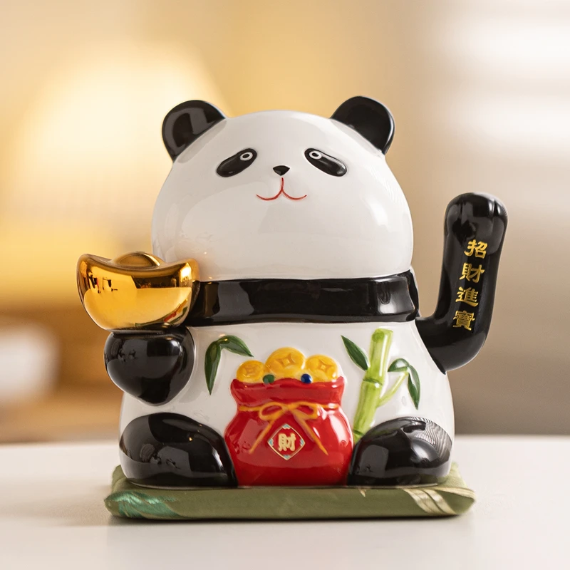 6 Inch Ceramic Beckoning Panda Figurine with Gift Box and Elegant Cushion, Battery-Powered Waving Hand Fortune Panda Ornament
